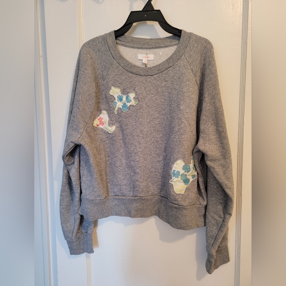 Gray Sweatshirt with Floral Patches